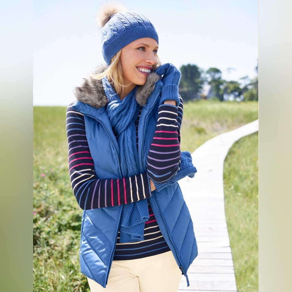 TALBOTS P194031200 CORNFLOWER BLUE ZIP FRONT QUILTED PUFFER FAUX FUR COLLAR VEST